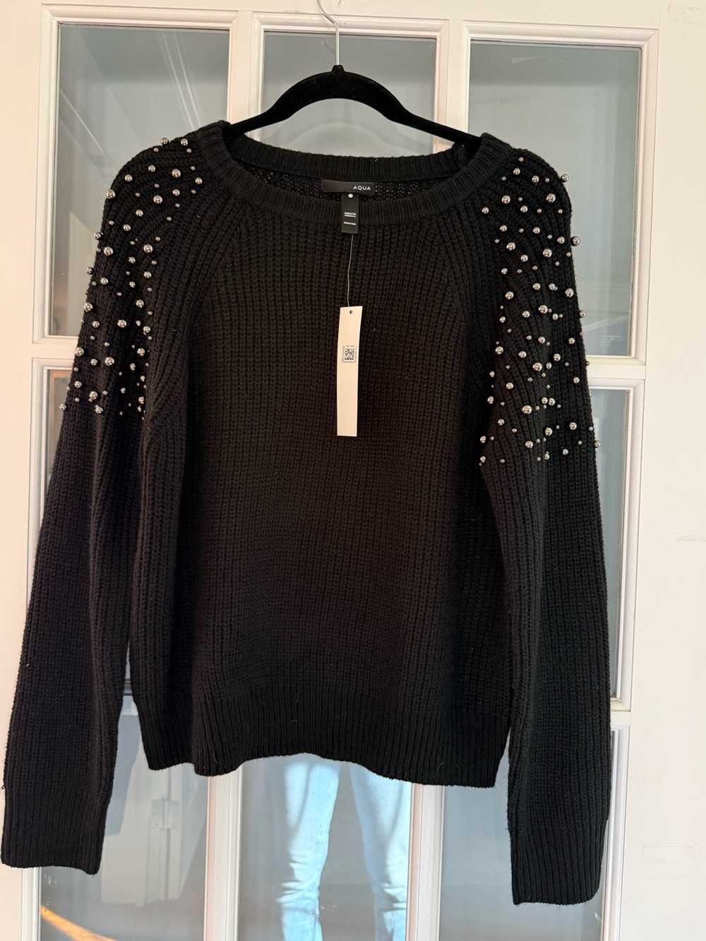 Aqua Black Crewneck Sweater with gunmetal Pearl Shoulder Embellishments
